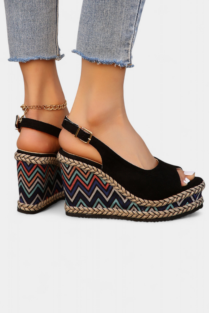 Dionisia Sandalias de Cuña con Tejido Étnico y Correas de Ante