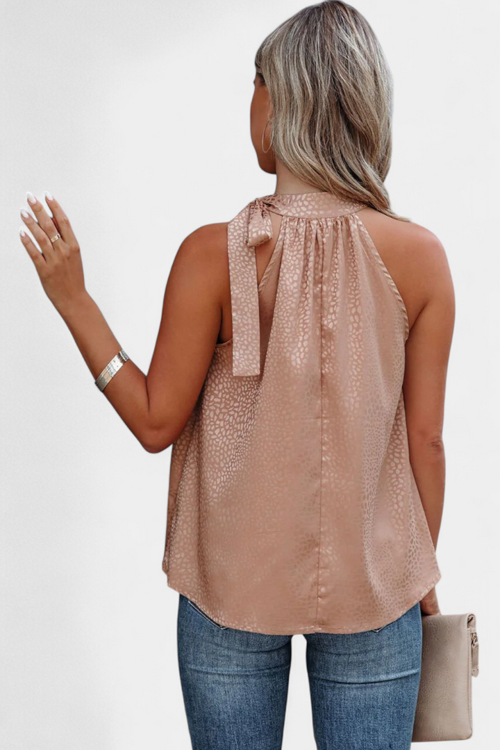 Adela Top sin Mangas de Leopardo con Cuello Alto y Lazo