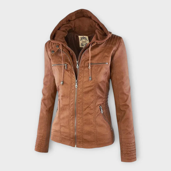 Chaqueta de cuero moderna con capucha y línea atemporal