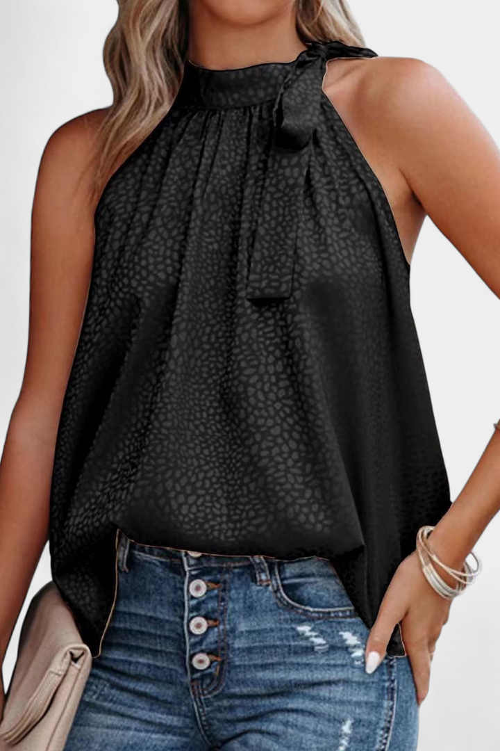 Adela Top sin Mangas de Leopardo con Cuello Alto y Lazo