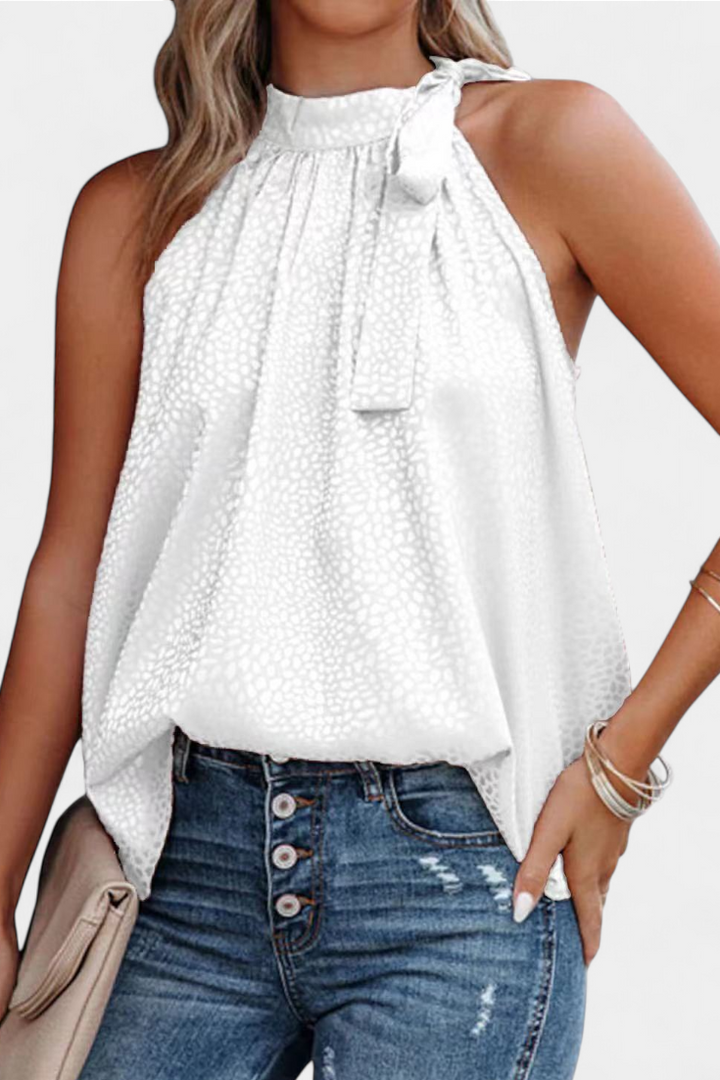 Adela Top sin Mangas de Leopardo con Cuello Alto y Lazo