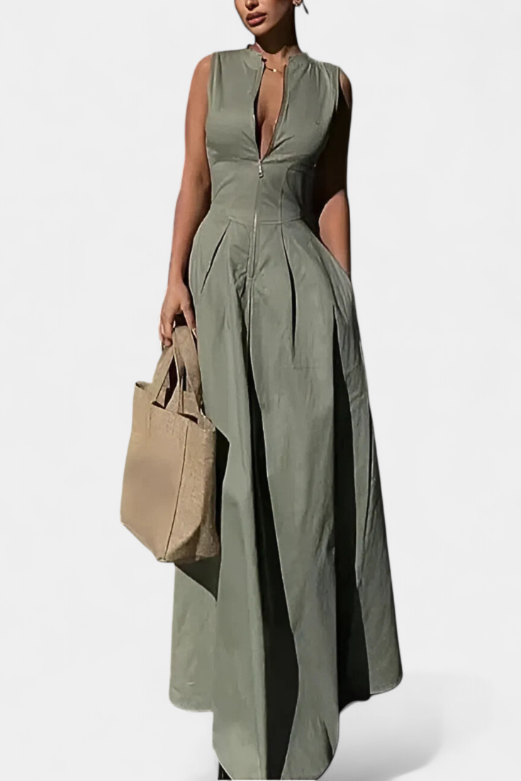 Blanca Mono Sin Mangas de Pierna Ancha con Pliegues