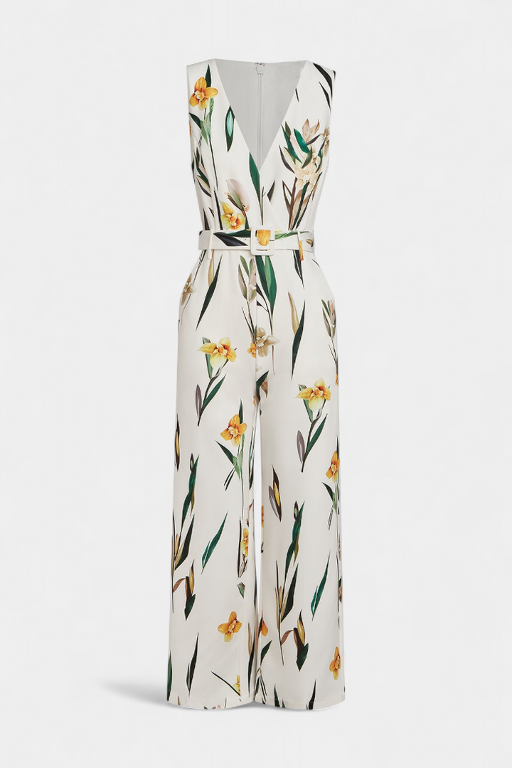 Slara Mono Largo de Vacaciones con Escote en V y Estampado Blanco