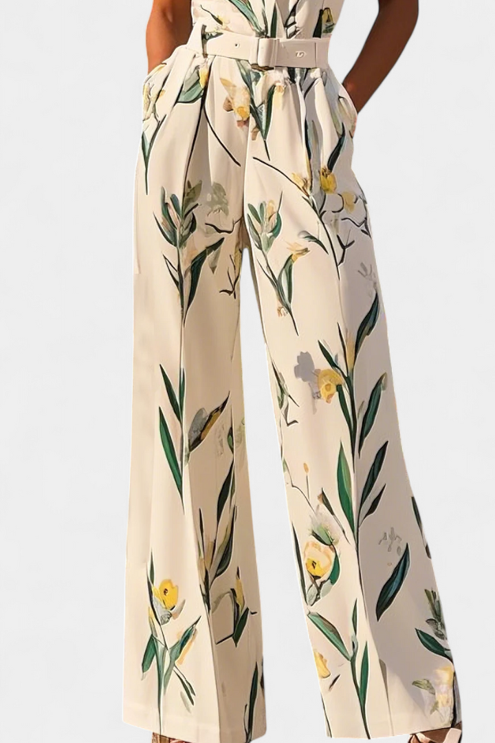 Slara Mono Largo de Vacaciones con Escote en V y Estampado Blanco