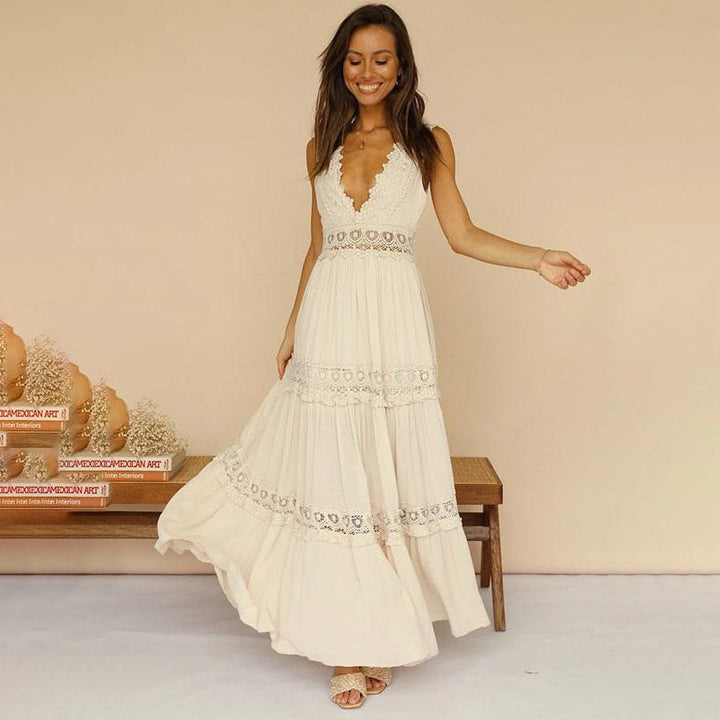 MISHA - V-NECK LACE-BACK MAXI DRESS